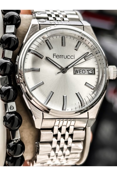 Ferrucci Men's Wristwatch, with Calendar, Functions Active, Silver Steel Band, with Bracelet Gift