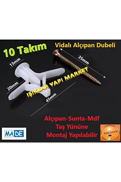 ece life Alçıpan Dübeli Vidalı -Kanatlı Dubel -Beyaz -Plastik Ø3mm (Pk.İçi/Ta...