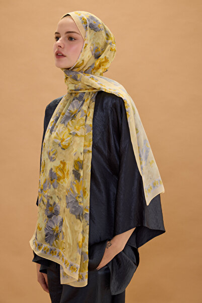 cs camellia scarf Σάλι Μεταξωτό Κρεπ Φλωρεντίας - Κίτρινο Γκρι