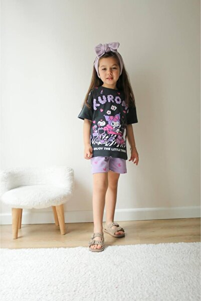 UESKİDS Girls' Kuromi Patterned Shorts Suit