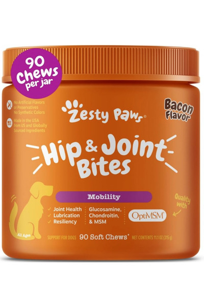 Zesty Paws عضات الورك والمفاصل للكلاب / الحركة - لحم مقدد - 90 قطعة