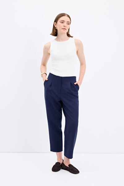 KADRİYE BAŞTÜRK High Waist Straight Cut Crepe Trousers Navy Blue