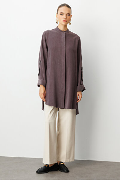 Mizalle Safari Kol Detaylı Kahverengi Cupro Tunik