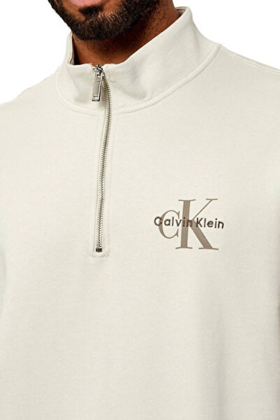 Calvin Klein Erkek Regular Fit Yarım Fermuarlı Sweatshirt - Krem