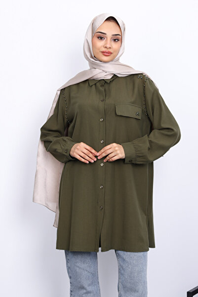 İmajButik Khaki Tunic with Pearls on the Shoulders