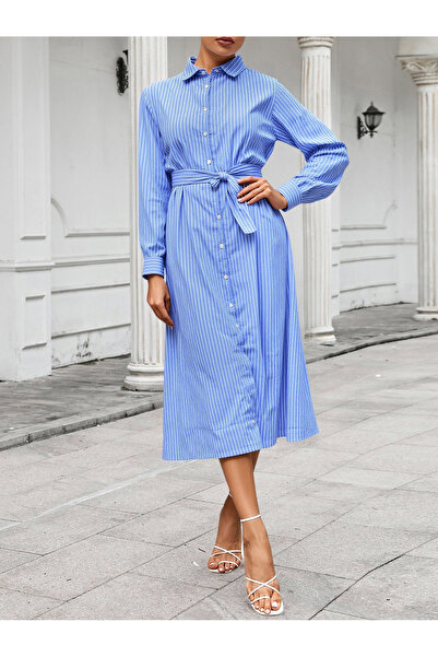 TUBA EXPORT Kadın Büyük Beden ÇİZGİ DESELİ gömlek Etekli Elbise | Rahat ve Şık Elbise Modelİ