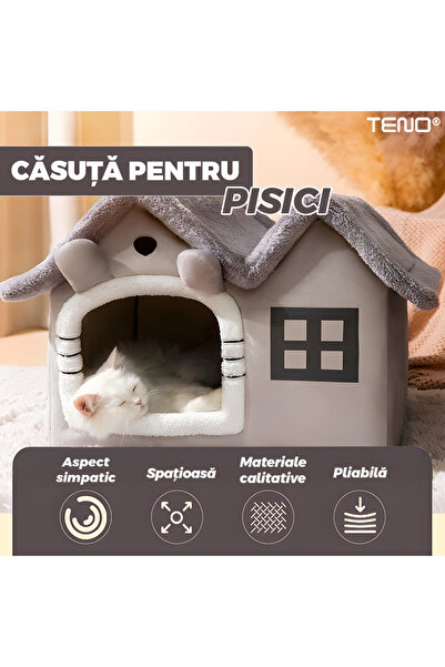 Teno Casuta pentru Pisici Teno®, de interior, baza anti-alunecare, culcus pufos, 49 x 39 x 46 cm, gri