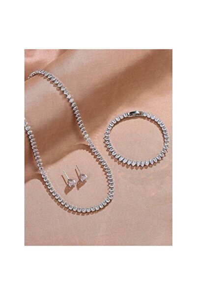 Pursehuit Set colier, cercei și brățară, tenis, culoare argintie, cu pietre d...