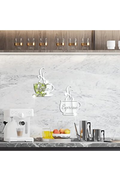 Slasa Reflective Silver Acrylic Wall Stickers - Coffee Cup Designs, 17 × 12.5 cm by