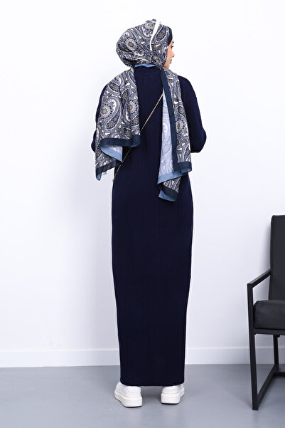 İmajButik Μπλε ναυτικό φόρεμα πλεκτό με ραβδώσεις με ψηλό γιακά