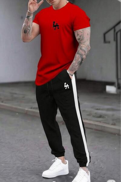 NO 601 Men's Red Oval Slim Fit Tight T-Shirt Black with White Side Tight Sweatpants Bottom La Printed Set