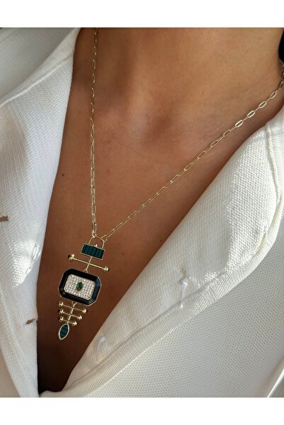 mibrillo Ataç zincirli siyah yeşil detaylı şık kolye