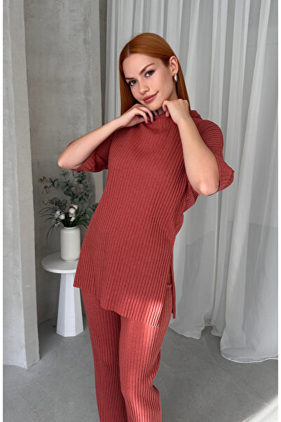 EYYE Tile Women's Cotton Short Sleeve Ribbed Blouse Pants Set