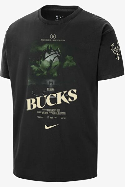 Nike Μπλουζάκι NBA Milwaukee Bucks Courtside Loose Fit Ανδρικό μπλουζάκι από βαμβακερό λογότυπο, μαύρο