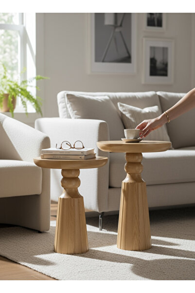 ASELYA HOME Doğal Ahşap 2’li Set Mantar Yan Sehpa Modern Vernikli Fiskos Zigon Çiçeklik