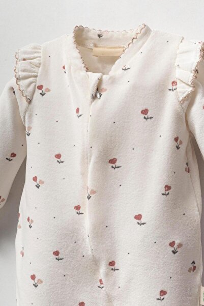 Magu Baby Girl Organic Cotton Ecru Floral Print Ruffle Sleeve Romper - Comfortable and Cute