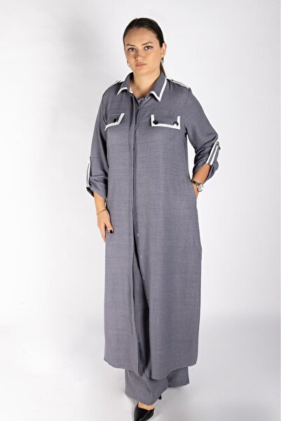 Bedrinxxl Kadın Büyük Beden Denim Görünüm Cep Detaylı Tunik Gömlek Pantolon Y...