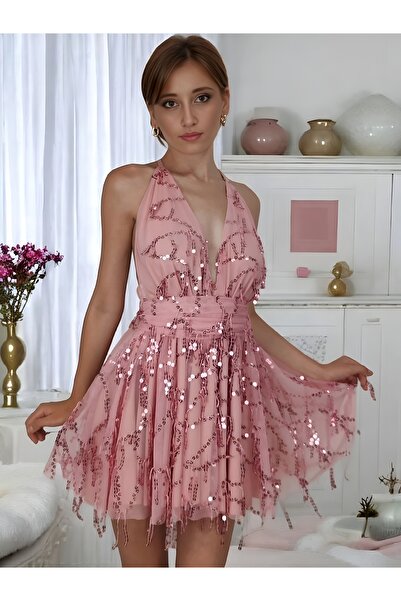 DADUCOLLECTİON Pullu mini göğüs ve sırt dekolteli elbise