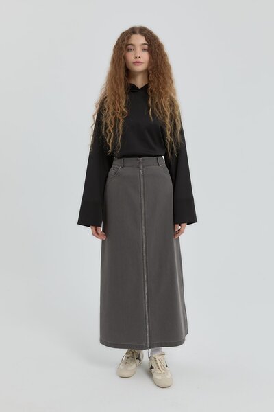 Nihan Fermuar Detaylı Denim Etek Gri