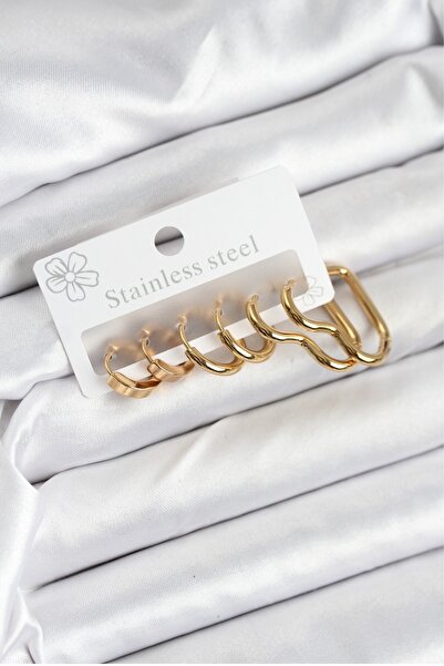 Twin Store طقم حلق نسائي من الفولاذ باللون الذهبي عيار 316L