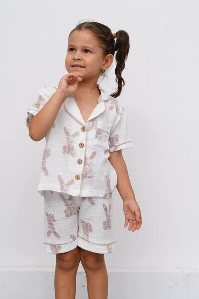 greenmoss Girl's Rabbit Patterned Muslin Pajamas