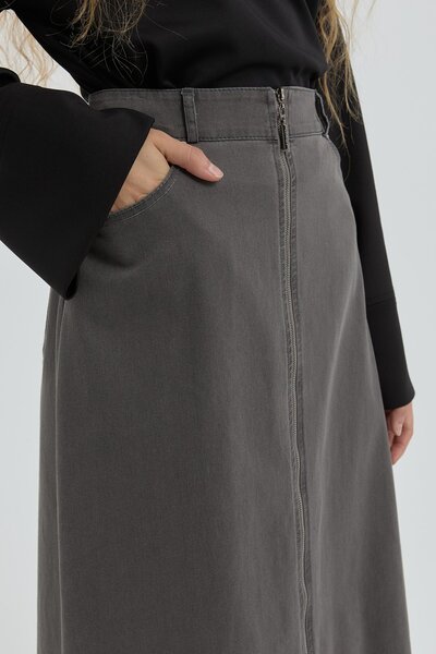 Nihan Fermuar Detaylı Denim Etek Gri
