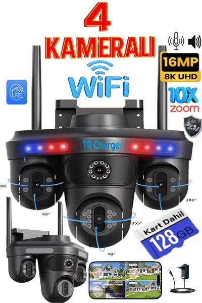 TRCharger 128GB HAFIZA KARTLI WiFi 4 Lensli 3 PTZ 4 Kamera | 16MP Gece Görüş,...