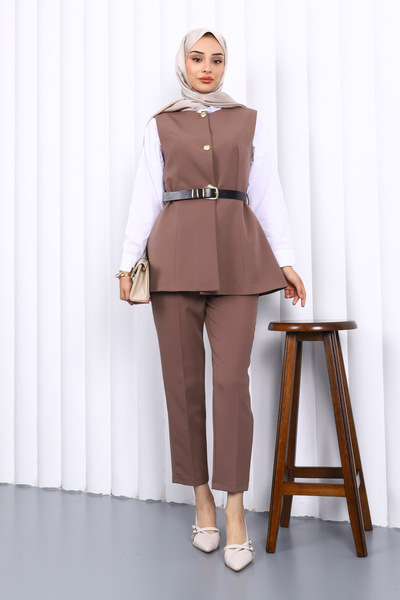İmajButik Dark Mink Waist Belted Vest and Pants Set