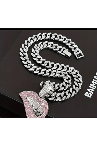 La Saade قلادة سلسلة الشفاه المرصعة بالكريستال - قلادة سلسلة الشفاه الكوبية ع...