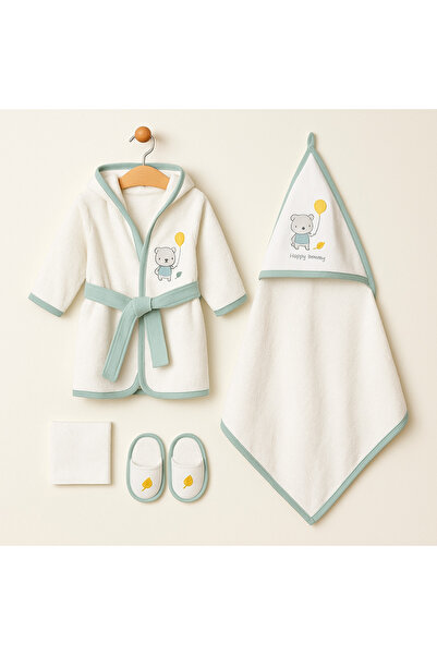 KapsülBebek %100 pamuklu 4’lü bebek banyo seti – bornoz, havlu, terlik, kese