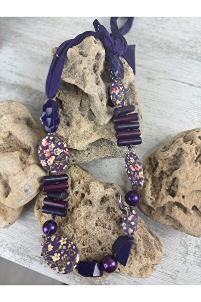 SEDEF TAKI Mor ahşap desenli uzun bohem kolye