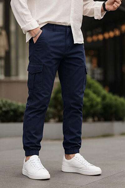 DAMGA JEANS Men's Elastic Leg Cargo Pocket Navy Blue Trousers