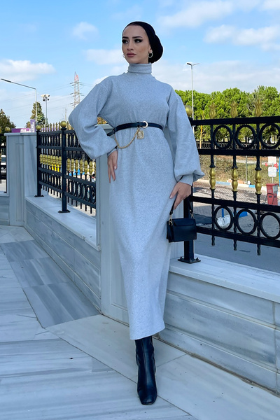 Vibeys Moda Knitwear Dress with Balloon Sleeves and Belt That Can Be Attached