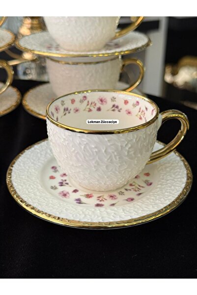 LOKMAN ZÜCCACİYE 6-Piece Gilt Flower Motif Embosed Coffee Cup Set