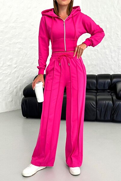 FashionForYou Compleu casual WalKING Time, hanorac si pantaloni cu dungi in relief, Fucsia