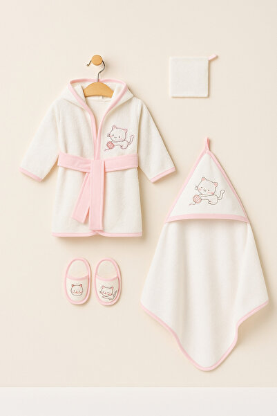 KapsülBebek طقم حمام للأطفال مكون من 4 قطع مصنوع من القطن بنسبة 100% - روب حم...