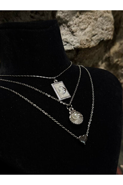 roshel Moon-İncili İstiridye-Kalp 3'lü Çelik Zincirli Kolye Seti