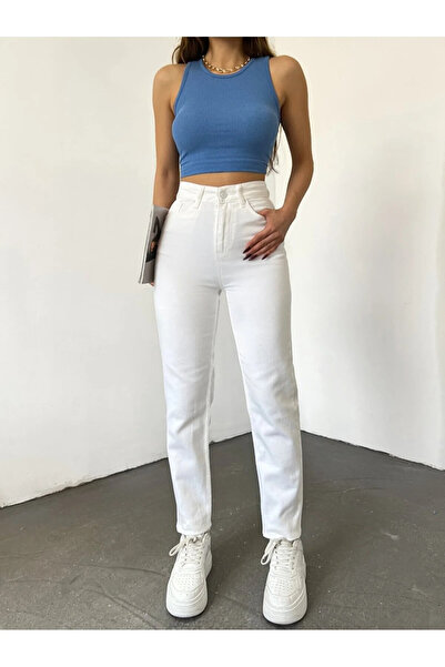 JAXEN Джулія Джинси Білі Висока Талія Лікра Мома Джинси Бойфренд Штани