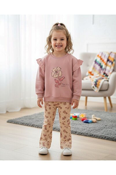 voyyo kids baby Girl's Rose Printed Sleeve Ruffle Detail, Seasonal Stylish Suit with Rose Printed Ribbed Leggings for Ages 2-6