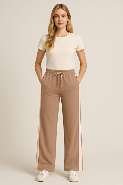 enmodaiçgiyim Bej Yüksek Bel Kalite Esnek Modal Pamuklu Kumaş Bol Paça Cepli Eşofman Altı - Günlük, Rahat Kalıp