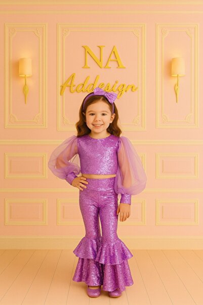 NA ADDESIGN Girl's Sequined Suit Balloon Sleeve Blouse Flared Pants (Fuchsia, Green, Black, Lilac, Red)