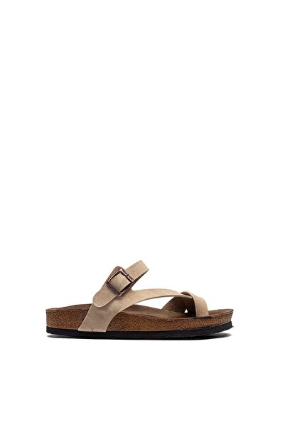 Ludiva Kadın Taşlı Tokalı Rahat Kalıp Terlik ortopedik Yürüyüş Terliği Bej