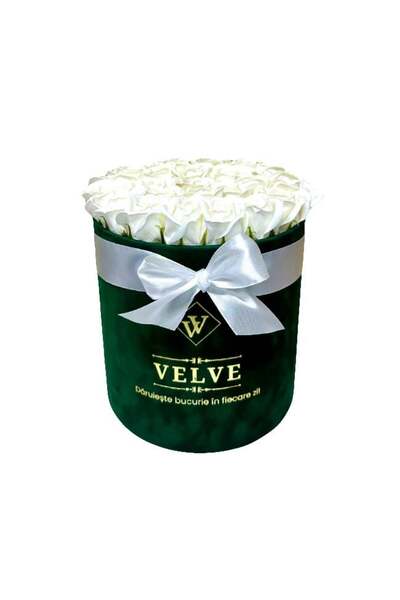 velve Aranjament floral cu 25 trandafiri de sapun in cutie verde de catifea c...