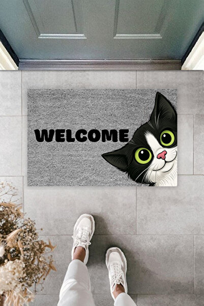 Dormot Modern Dijital Baskı Gri Tatlı Kedi Kapı Önü Paspas 70x45cm