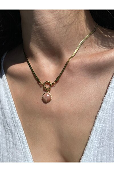 Hora Orijinal Pembe Kuvars Gold Çelik Zincir Kolye