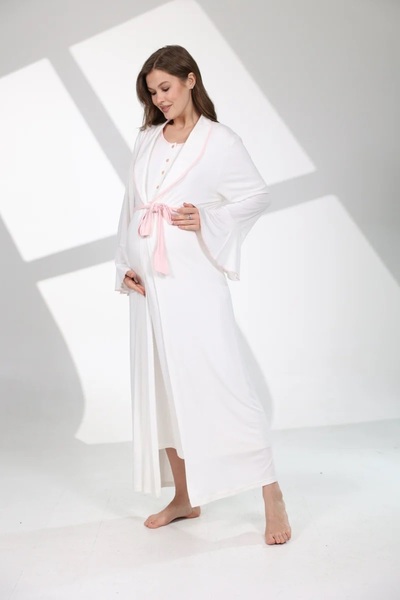 Lohusa Homewear Kadın Pudra Volanlı Şal Yaka Özel Tasarım Lohusa Hamile Sabahlık Gecelik Takımı Seti