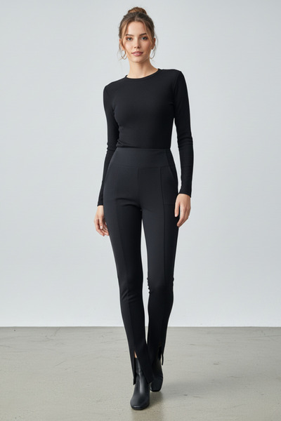 Lavenda Kadın Siyah Yüksek Bel Fitilli Tayt Pantolon - Önü Yırtmaçlı Esnek Kumaş Cepsiz Pantolon