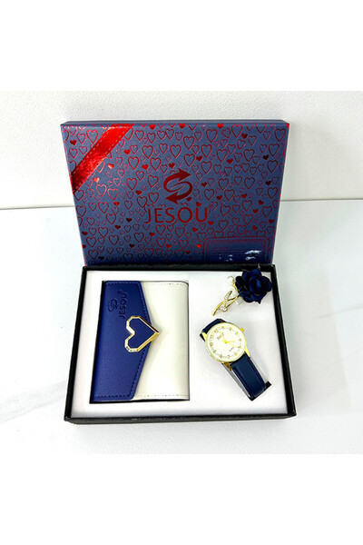 velve JESOU COLLECTION women's gift set, ladies' watch, wallet and brooch 20x15cm, White-Blue