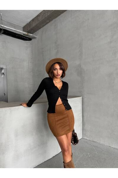 Bleu Petite Cımalı Suede Detail High Waist Skirt