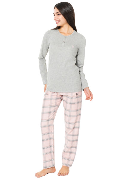 U.S. Polo Assn. Women's Plaid Patterned Long Sleeve Cotton Pajama Set - Gray Melange